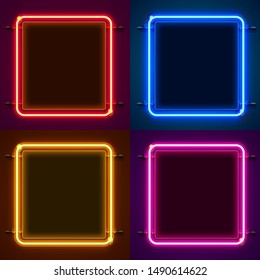 Neon Frame Sign In The Shape Of A Square. Set Color. Template Design Element. Vector Illustration