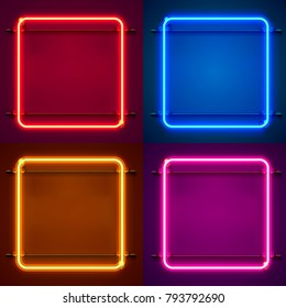 Neon frame sign in the shape of a square. Set color. template design element. Vector illustration