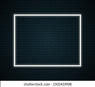 Neon frame with space for text on brick wall. Neon sign on dark background. Vector illustration