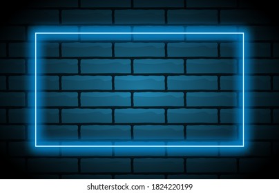 Neon frame with space for text on brick wall. Neon sign on dark background. Vector illustration.