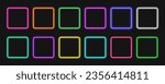 Neon frame square set. Glowing coloful rounded rectangle borders. Geometric shape action button UI elements with copy space. Purple, blue, pink, yellow, green, red text boxes. Vector illustration.
