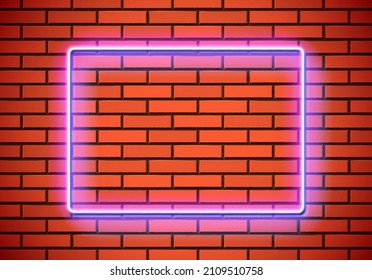 Neon frame with square shape on the red brick wall. Classic rectangular 80s styled shiny glowing neon sign.