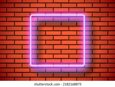 Neon frame with square shape on the red brick wall. Classic rectangular 80s styled shiny glowing neon sign.