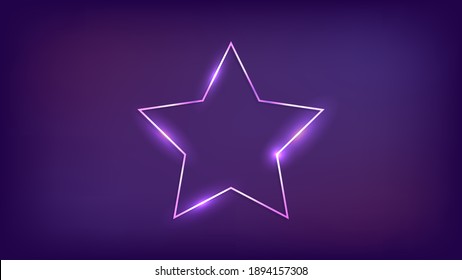 Neon frame in star form with shining effects on dark background. Empty glowing techno backdrop. Vector illustration.