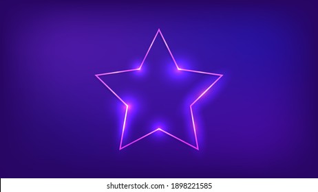 Neon frame in star form with shining effects on dark background. Empty glowing techno backdrop. Vector illustration.