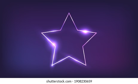 Neon frame in star form with shining effects on dark background. Empty glowing techno backdrop. Vector illustration.