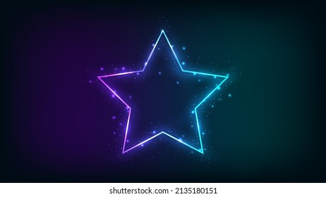 Marco de neón en forma de estrella con efectos brillantes y destellos en el fondo oscuro. Fondo tecno brillante vacío. Ilustración del vector