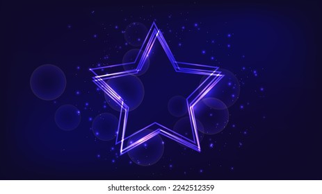 Neon frame in star form with shining effects and sparkles on dark background. Empty glowing techno backdrop. Vector illustration