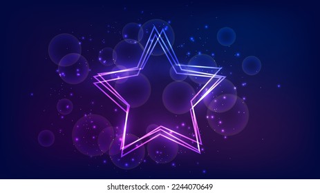 Neon frame in star form with shining effects and sparkles on dark background. Empty glowing techno backdrop. Vector illustration