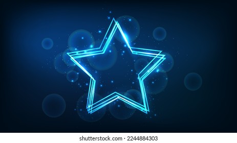 Neon frame in star form with shining effects and sparkles on dark background. Empty glowing techno backdrop. Vector illustration