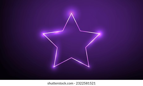 Neon frame in star form with shining effects on dark purple background. Empty glowing techno backdrop. Vector illustration