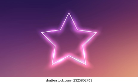 Neon frame in star form with shining effects on dark purple background. Empty glowing techno backdrop. Vector illustration