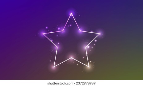Neon frame in star form with shining effects and sparkles on dark background. Empty glowing techno backdrop. Vector illustration