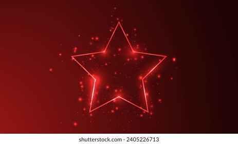 Neon frame in star form with shining effects and sparkles on dark red background. Empty glowing techno backdrop. Vector illustration