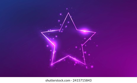 Marco de neón en forma de estrella con efectos brillantes y destellos sobre fondo morado oscuro. Fondo tecno brillante vacío. Ilustración del vector