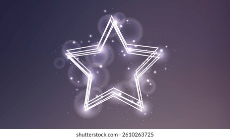 Neon frame in star form with shining effects and sparkles on dark background. Empty glowing techno backdrop. Vector illustration