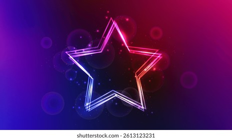 Neon frame in star form with shining effects and sparkles on purple background. Empty glowing techno backdrop. Vector illustration