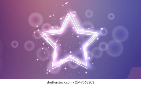 Marco de neón en forma de estrella con efectos brillantes y destellos sobre fondo púrpura. Fondo techno brillante vacío. Ilustración vectorial