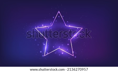Neon frame in star form with shining effects and sparkles on dark background. Empty glowing techno backdrop. Vector illustration