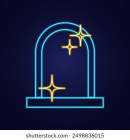 Neon Frame with Stars. Aesthetic Y2K. Space Portal on dark background. Glowing arch, glitter. Luminescent sparkles. Galaxy border. Tarot symbols, fortune. Illuminated. Isolated. Vector illustration