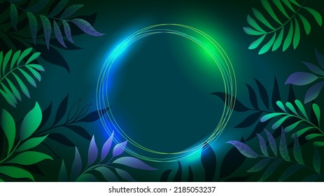 Neon frame template with tropical leaves