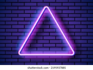 Neon frame with triangle shape on the blue brick wall. Classic rectangular 80s styled purple shiny glowing neon sign.