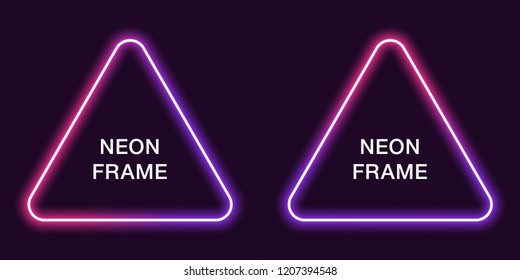 Neon frame in triangular shape. Vector template of neon border in pink and violet color, creative glowing triangle in outline. Modern background for design of banner and billboard, poster and cover