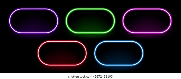 Neon quadro vetor conjunto de sinais luminosos coloridos brilhantes no fundo escuro. Elemento de design criativo com estilo retrô. Caixa de texto para publicidade.