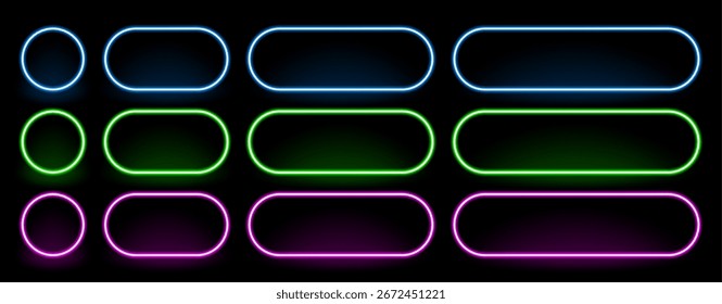 Conjunto de Vector de marco de neón de Botones y Anuncios coloridos brillantes. Formas de efecto de luz Abstractas para la interfaz de Diseño web de interfaz de usuario moderna.