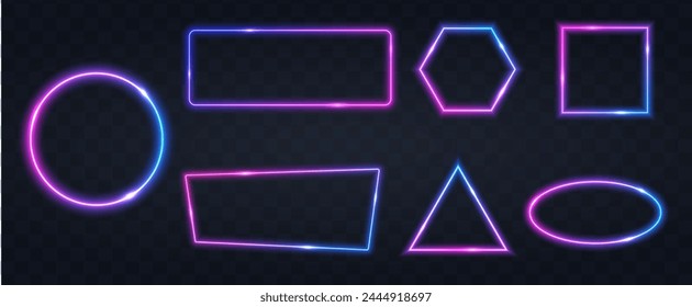 Neon frame for your design. Set of blue glowing neon frames on dark background. set of neon geometric shapes. Vector illustration.