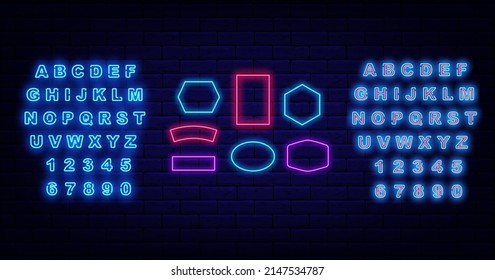 Neon frames collection on brick wall. Rectangle, ellipse shape. Empty signboard. Shiny alphabet. Glowing effect poster. Editable stroke. Vector stock illustration