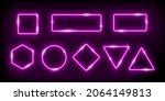 Neon frames glow, geometric shapes set vector illustration. Glowing abstract borders with led electric neon purple bright effect shine on dark night background, digital futuristic technology for show