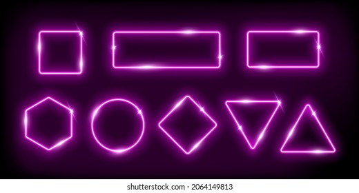 Neon frames glow, geometric shapes set vector illustration. Glowing abstract borders with led electric neon purple bright effect shine on dark night background, digital futuristic technology for show