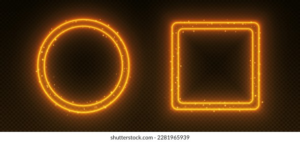 Neon frames, glowing borders with sparkles, orange led circle and square with double borders. Avatar frames for game, UI design elements. Vector illustration.
