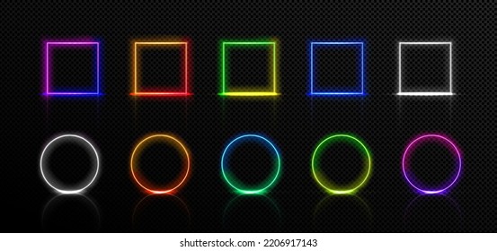 Marcos de neón, cuadrados coronados de colores aislados y bordes redondos. Rojo, verde, azul, rosa, morado amarillo Formas geométricas iluminadas sobre fondo negro. Indicadores de luz de color Conjunto de vector 3d realista