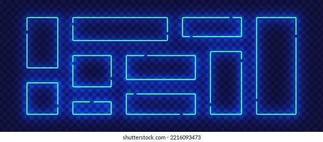 Neon frames isolated colorful led borders set. Blue Illuminated geometric vector shapes. Light sign boards.