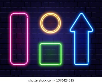 Neon frames isolated on brick wall background. Realistic color neon banners. Glowing night signboard. Light electric banner. Vector illustration.