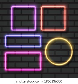 Neon frames on a brick wall, glowing, Neon square lamps. Realistic electric borders, colorful illuminated frames
