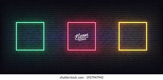 Neon frames. Set of colorful glowing rectangle border templates