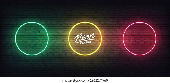 Neon frames. Set of colorful glowing circle border templates