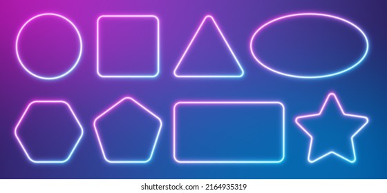 Neon frames set, gradient blue-pink borders collection. Glowing isolated elements in different shapes. Vector light effect.