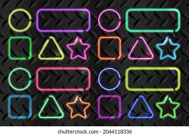Neon frames set. Illuminated geometric shapes in black background, fluorescent triangle, circle, square, star with copy space, vector illustration