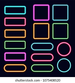 Neon frames set, vector illustration. Different shapes of luminous borders. Orange, blue, green, pink and red colors