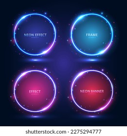Neon frames with shining effects, highlights on a dark background. A set of round futuristic modern neon glowing banners. Vector EPS 10.