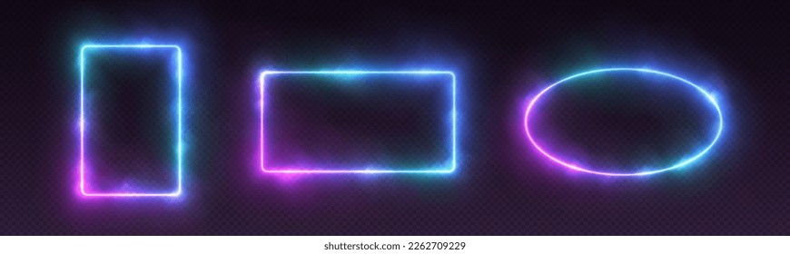 Neon frames with smoke, gradient glowing borders with fog, futuristic LED banners. Realistic isolated tech background elements. Vector illustration.