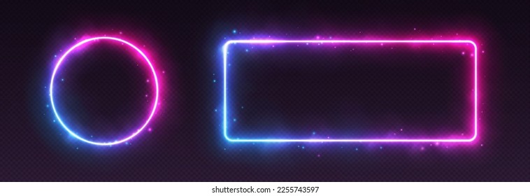 Neon frames with smoke and sparkles, gradient LED borders with fog and glowing particles. Modern futuristic avatar frame and cosmic banner with pink, blue and purple colors. Vector illustration.