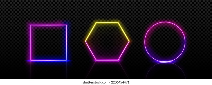Neon frames square, circle and hexagon shapes. Electric light banners for night club or casino, glowing borders with gradient colors, vector realistic set isolated on transparent background
