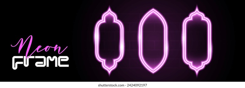 Neon frames with transparent background in pink. Silhouette of the gate to the mosque. Islamic, Oriental, Arabic style. Bright vector portal for applications, websites in techno, retro, cyber design