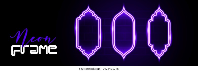 Neon frames with transparent background. The silhouette of the gate to the mosque. Islamic, Oriental, Arabic style. A bright vector portal for applications, websites in techno, retro, cyber design