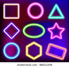 Neon framework for text. Neon light in the form of star,circle,square and other forms.Vector illustration of neon sign for a casino.Shining neon framework pink, blue,violet, green and yellow color